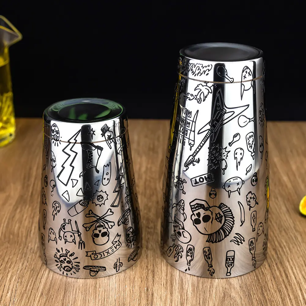 Punk Style Etched Pattern 850+550ml Stainless Steel Boston Shaker-1