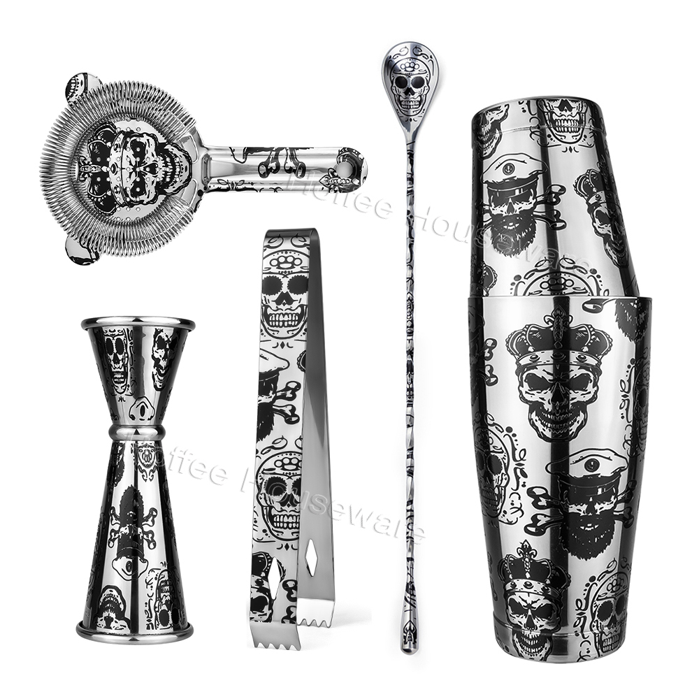 5-Pieces Etching Pattern Stainless Steel Boston Cocktail Shakers Set (7)