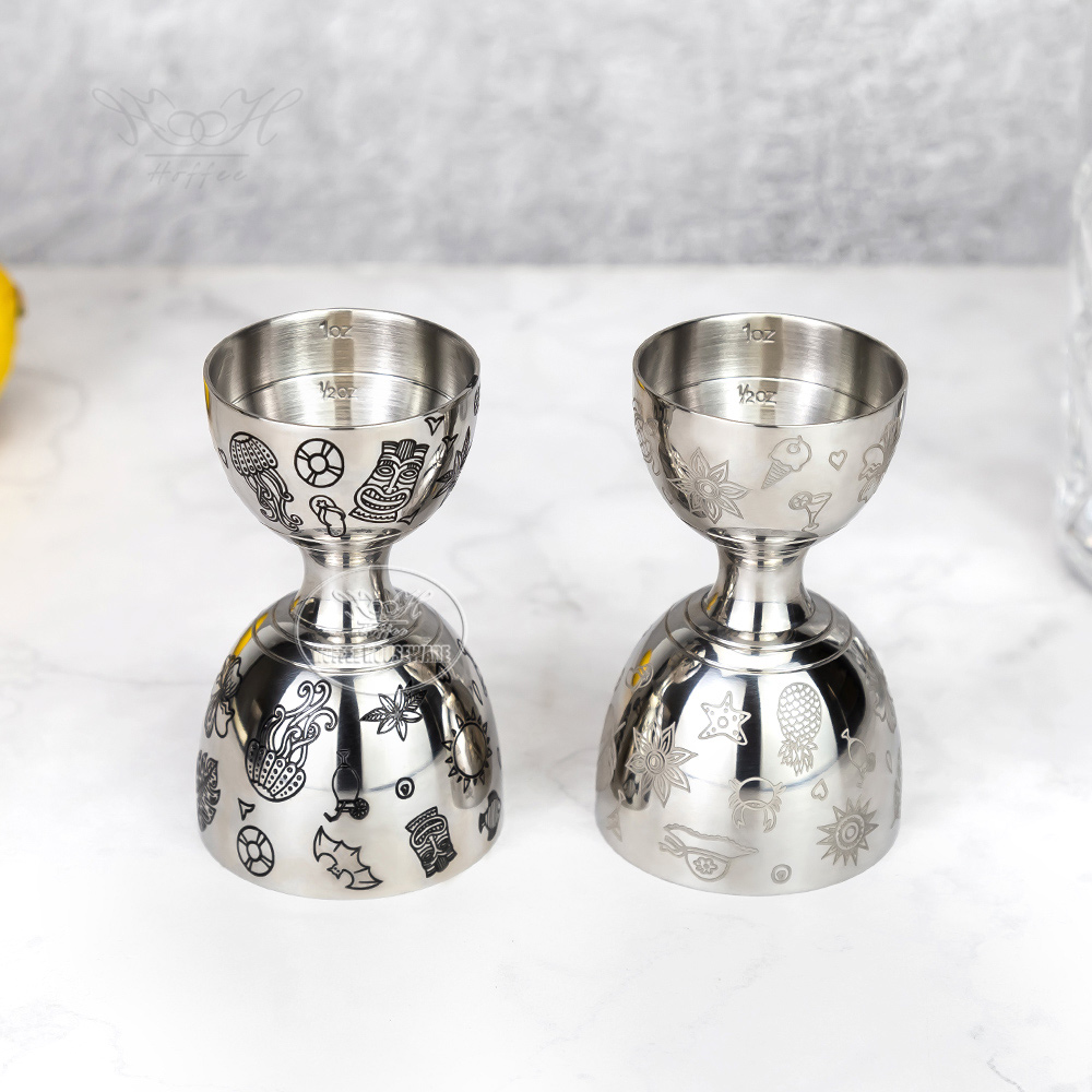 1+2oz Tiki-style Etching Liquor Measuring Bell-shape Cocktail Jigger