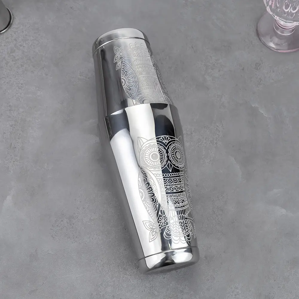 Silver Etched Pattern Owl Boston Shaker (6).jpg