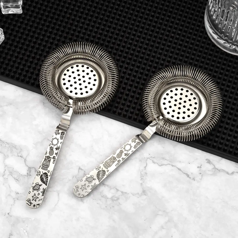 Tiki Etching Bent Bar Hawthorne Strainer (1)