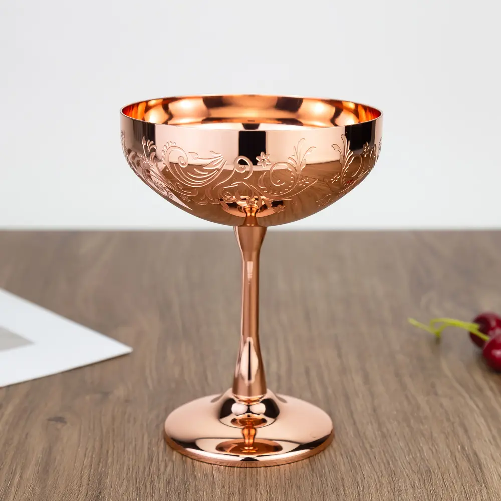 Shatterproof 250ml Engraved Pattern Stainless Steel Champagne Coupe Glass