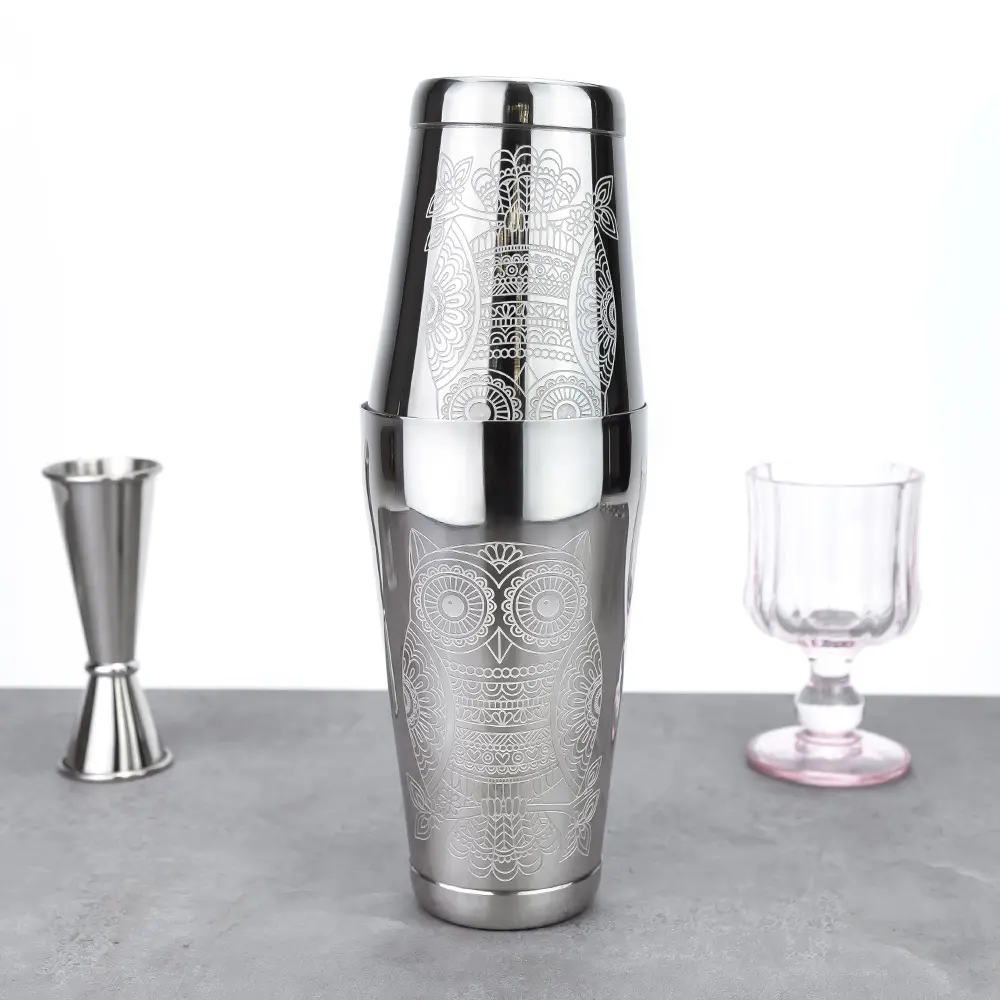 Silver Etched Pattern Owl Boston Shaker (7)