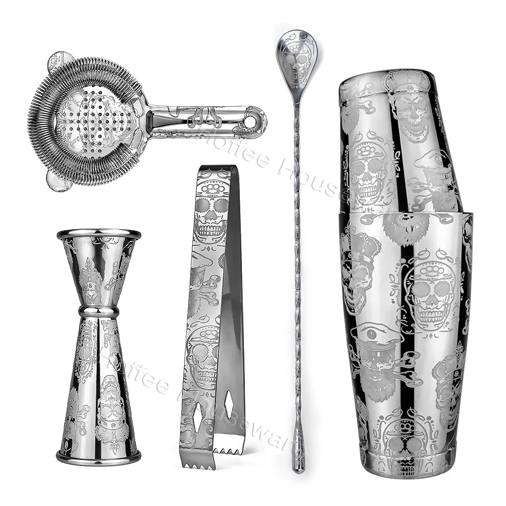 5-Pieces Etching Pattern Stainless Steel Boston Cocktail Shakers Set (8)