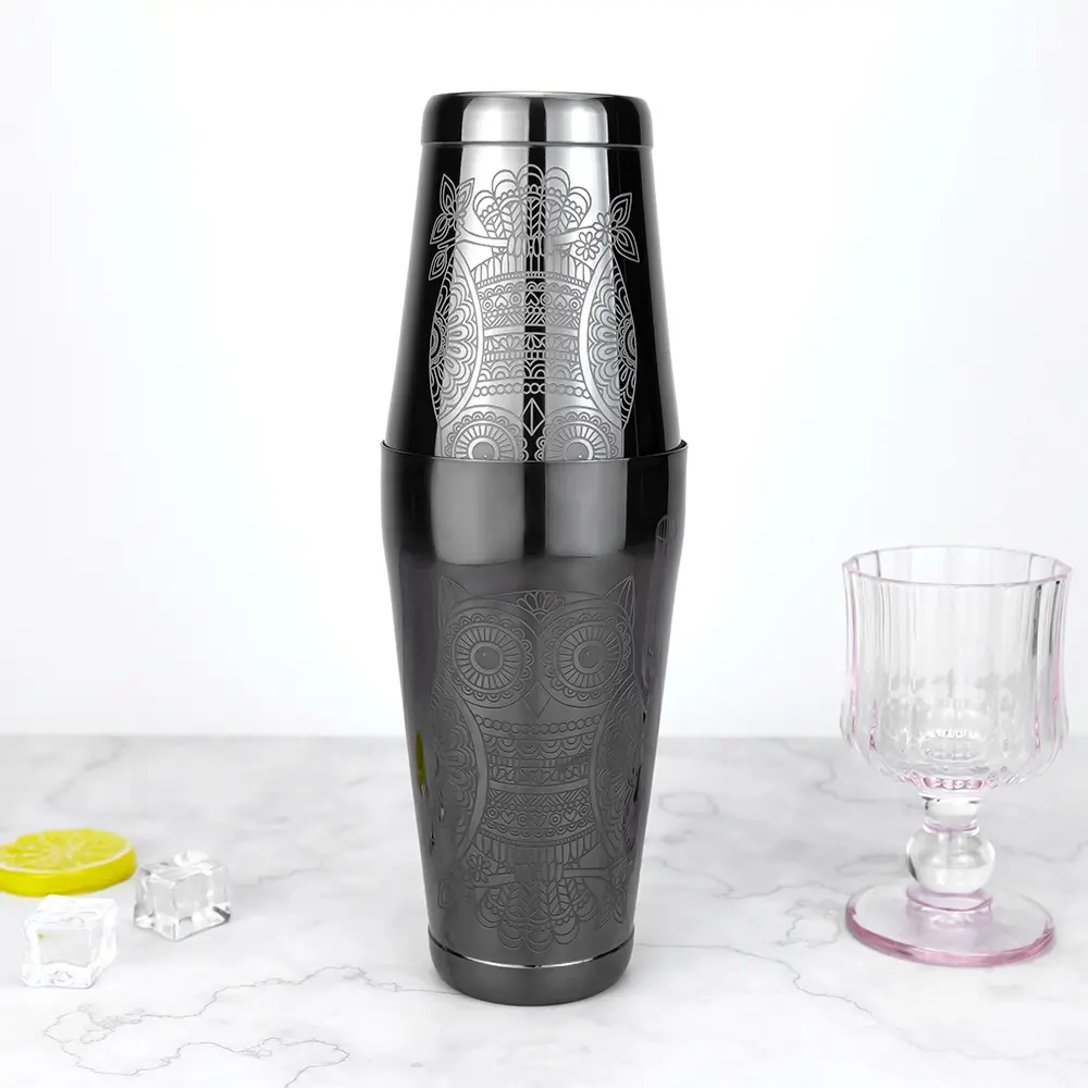 Owl Engraved PVD Coating Stainless Steel 188 Boston Shaker Tins.jpg