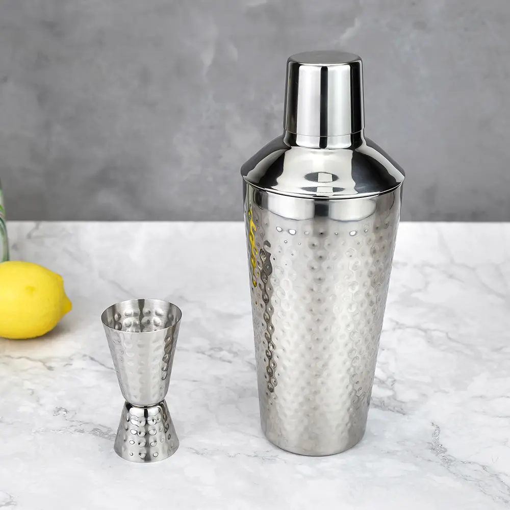 Hammered Bartender Wine Mixing Cobbler Shaker Set With Double Sided Jigger.jpg