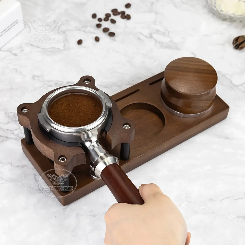 Multi-function 515458mm Sapele Wood Espresso Portafilter Holder Stand with Coffee Tamper Distributor Station (3)
