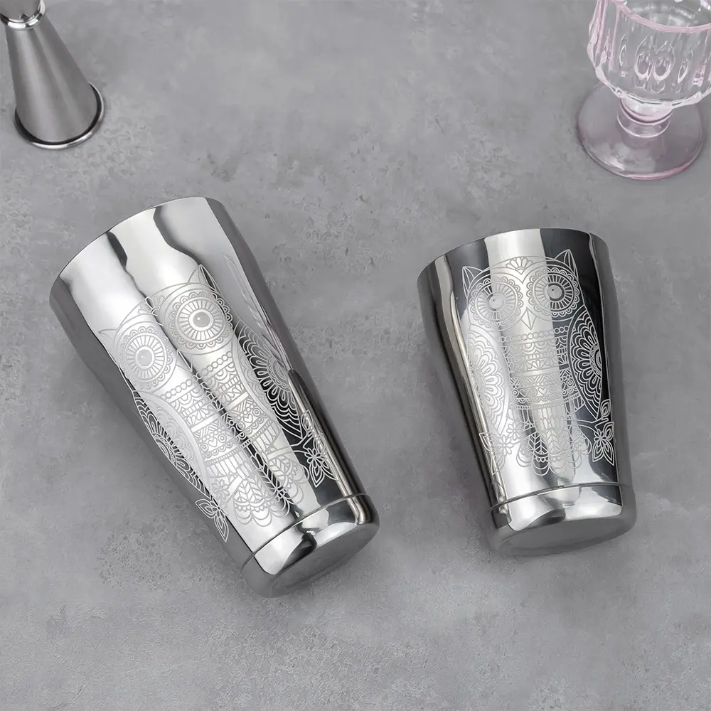 Silver Etched Pattern Owl Boston Shaker (2).jpg